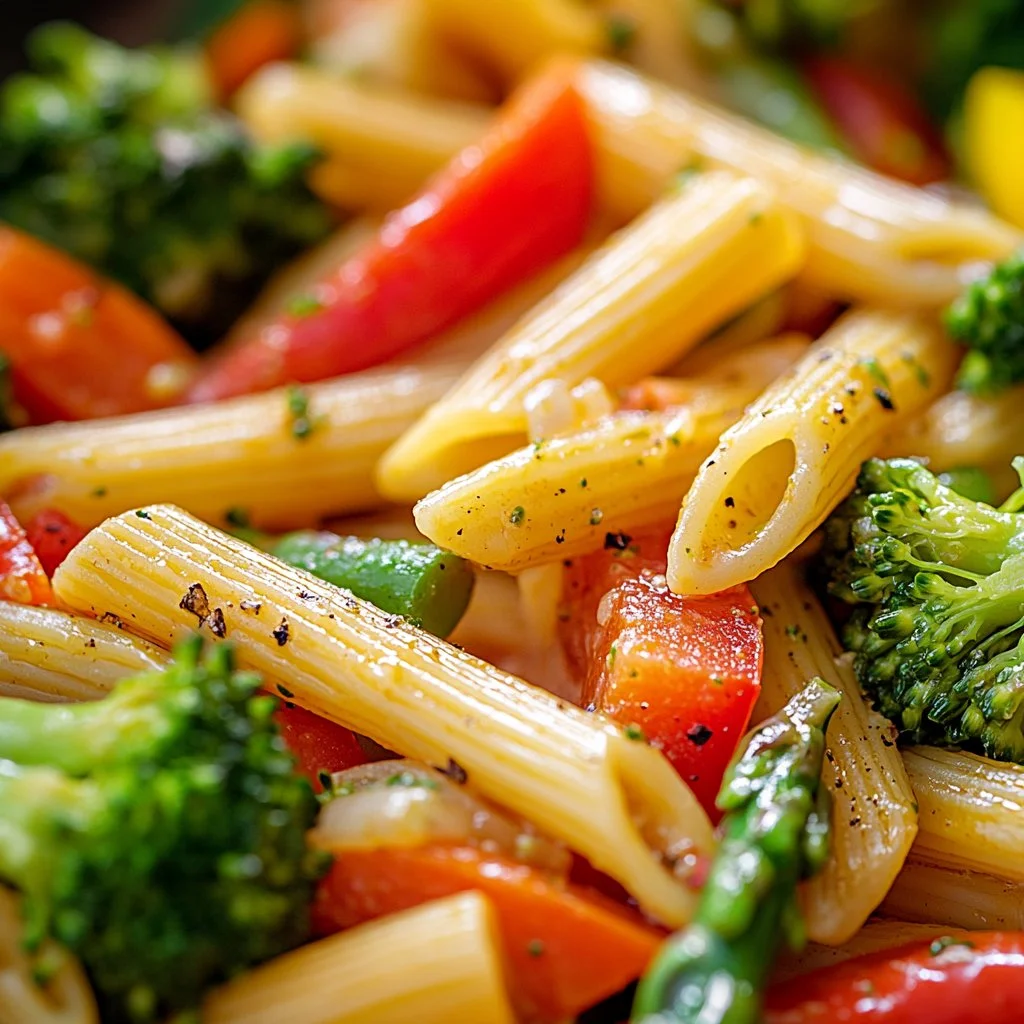 A colorful bowl of Penne Pasta Primavera with fresh vegetables.