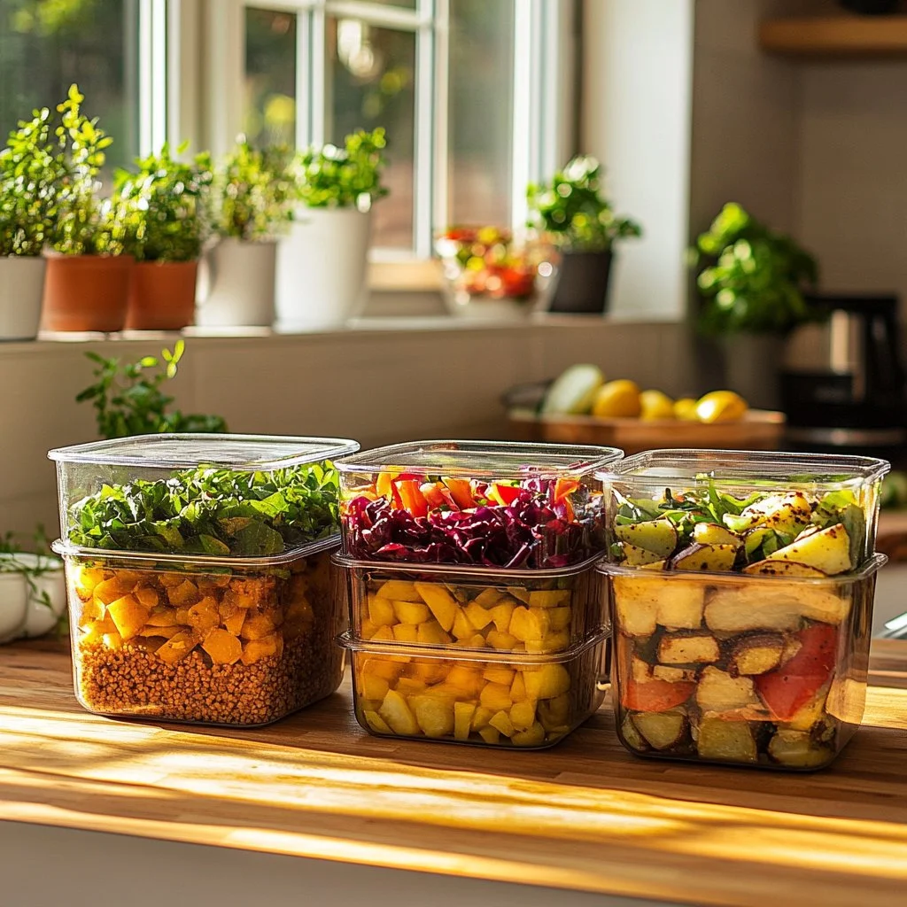 Plant-based taco meal prep ingredients and ready-to-eat meals.
