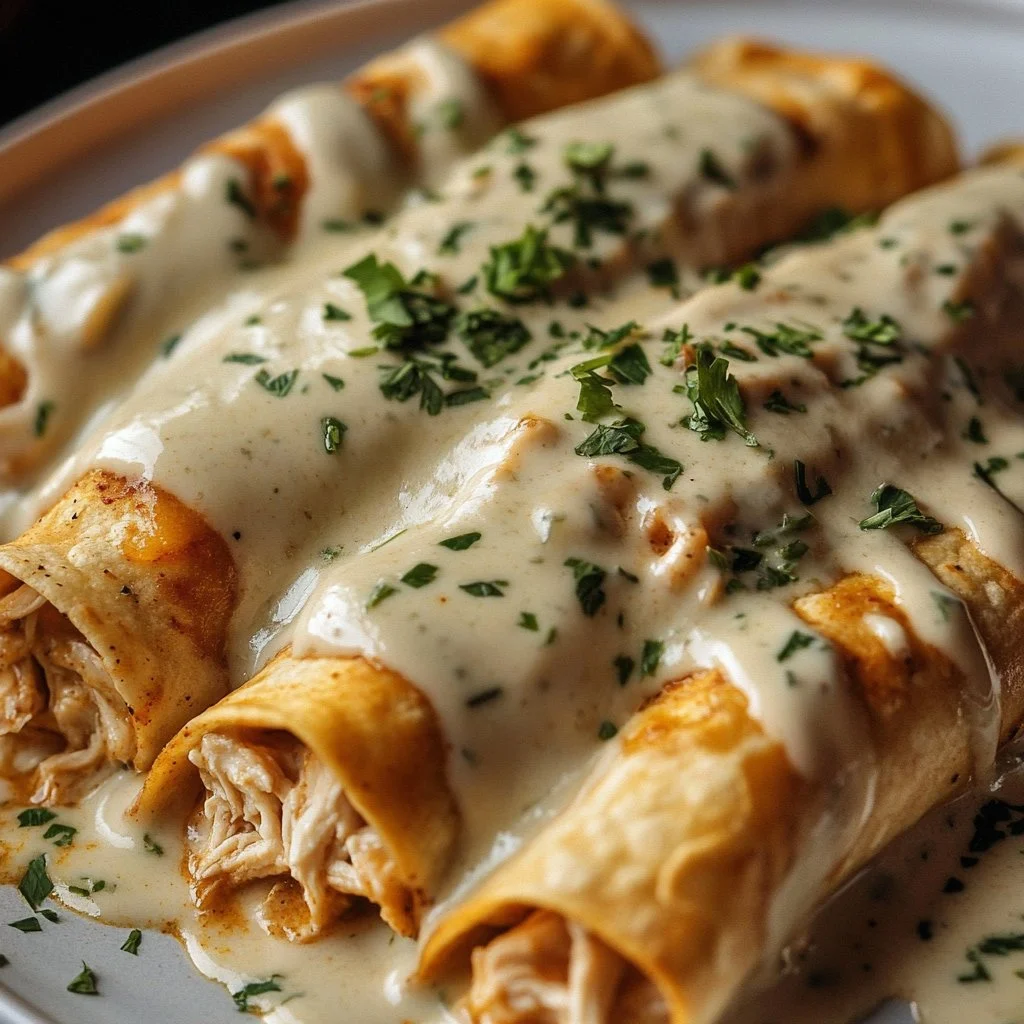 Delicious protein chicken enchiladas with creamy white sauce on a plate