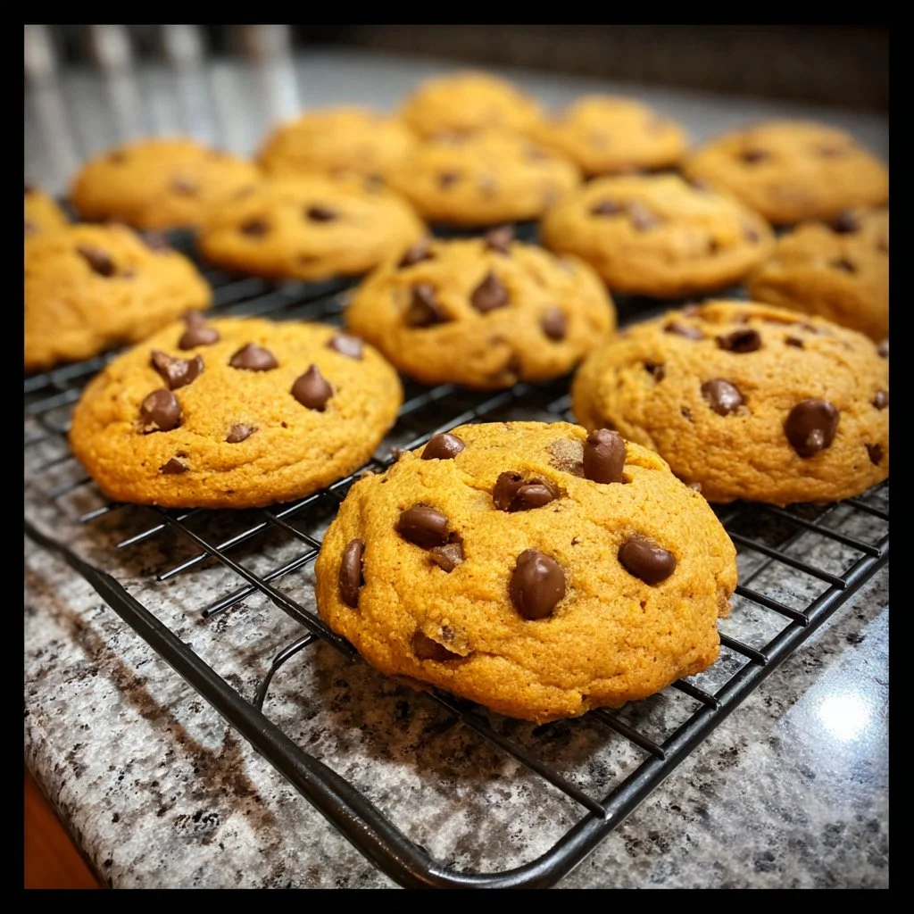 Soft batch pumpkin chocolate chip cookies on a plate with fall decorations