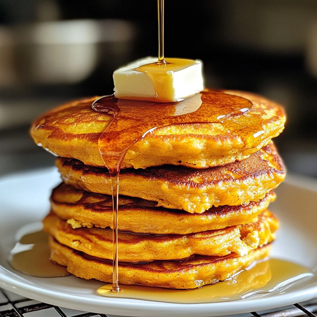Fluffy pumpkin pancakes with cottage cheese topped with syrup and pumpkin seeds.