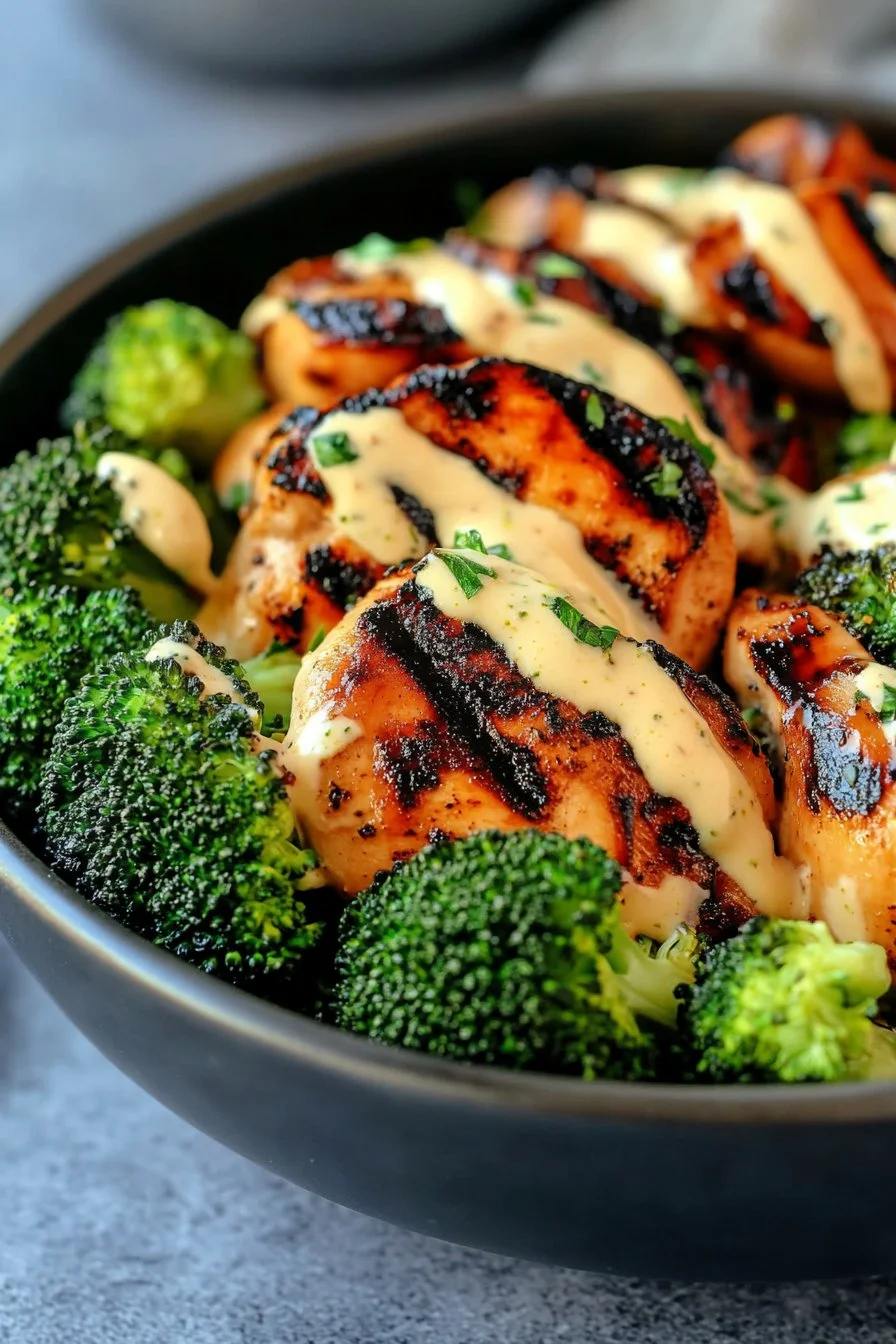 Grilled Chicken & Broccoli Bowls with Creamy Garlic Sauce