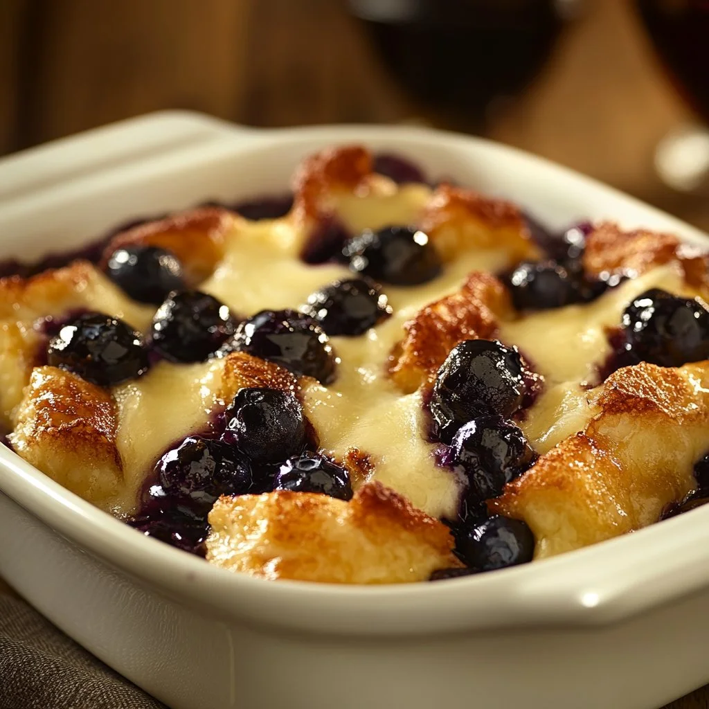Quick blueberry French toast casserole topped with fresh blueberries and syrup
