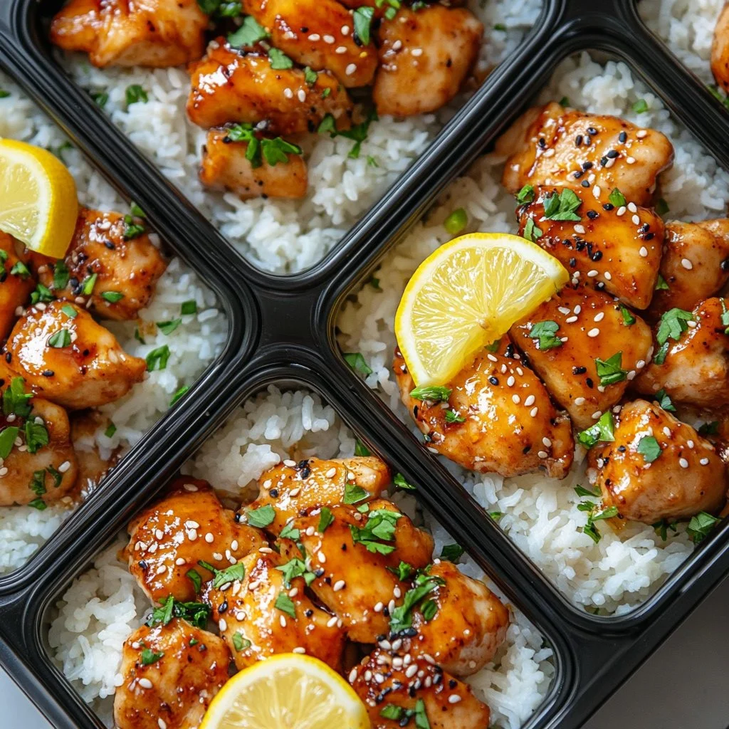 High protein chicken glazed with sweet sauce served with rice