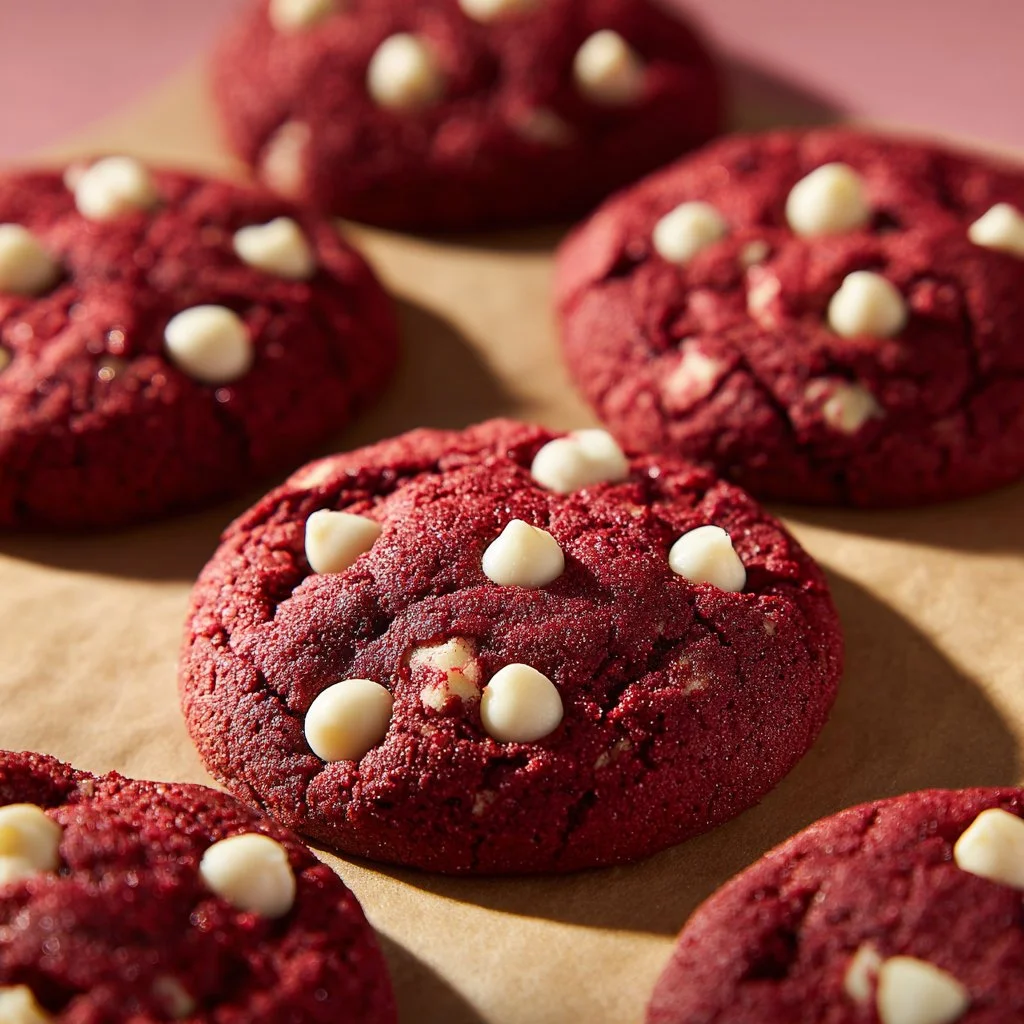 Freshly baked red velvet cookies on a plate