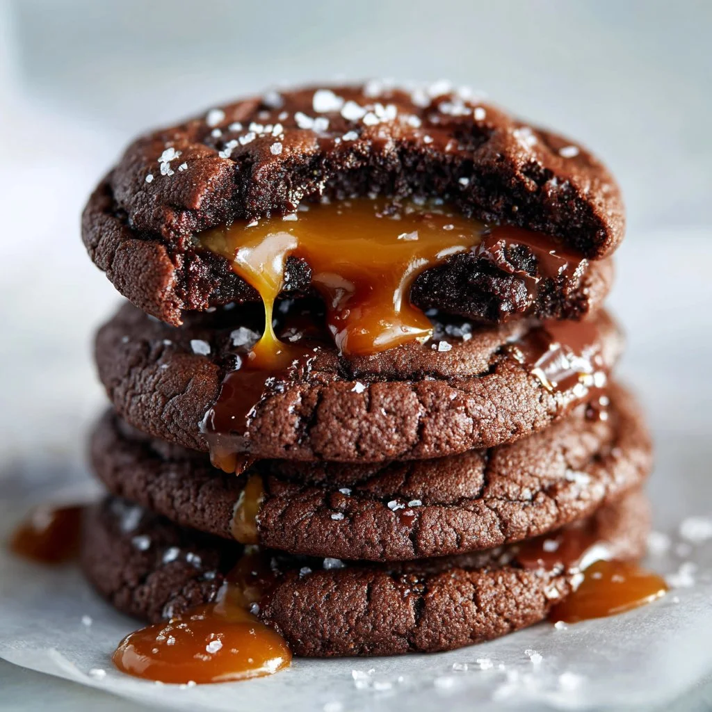 Delicious salted caramel chocolate cookies fresh out of the oven.