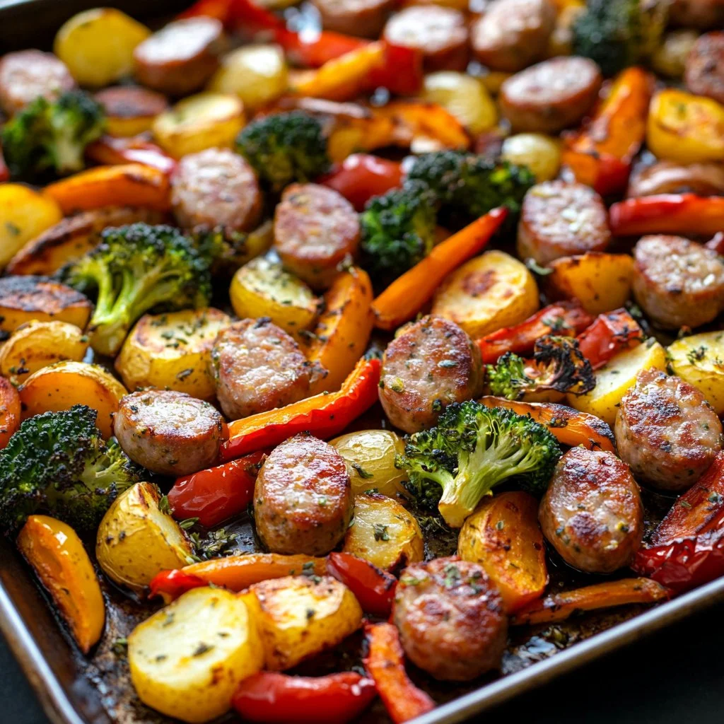Sheet pan with sausage and assorted vegetables roasted together.
