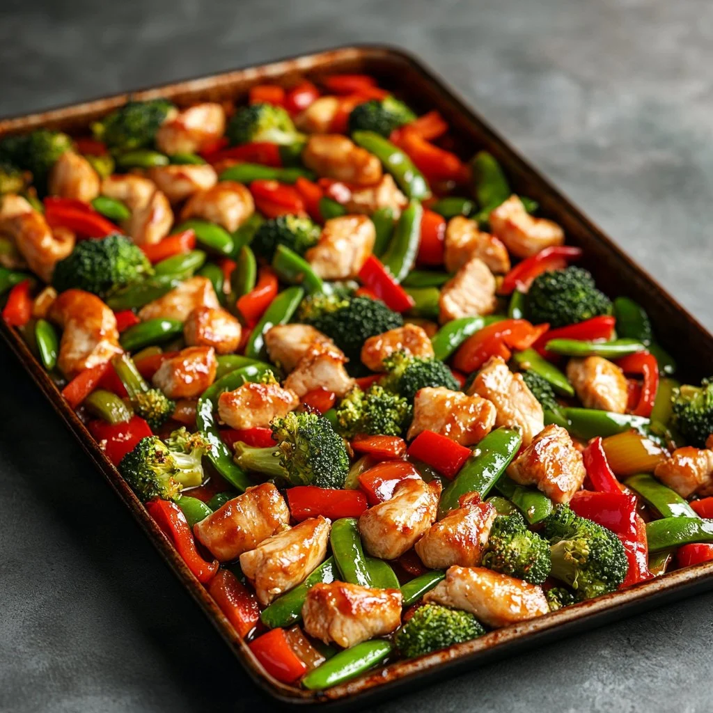 Sheet pan sesame chicken with colorful veggies ready to serve.