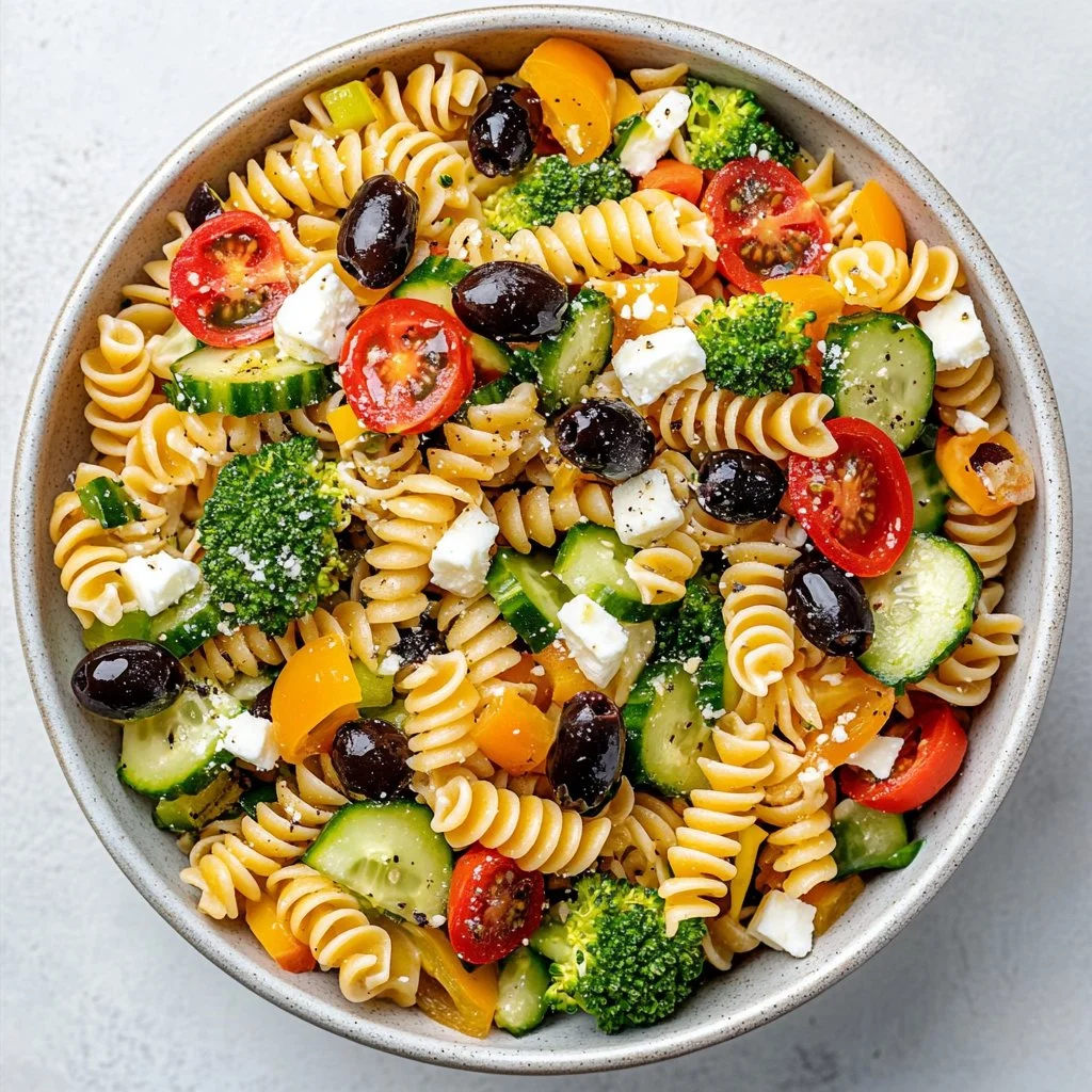 Simple high protein pasta salad with colorful vegetables and dressing