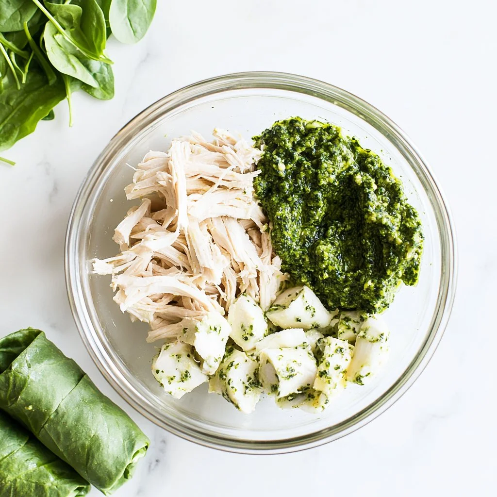 Bowl of simple pesto chicken salad with fresh ingredients and vibrant colors.
