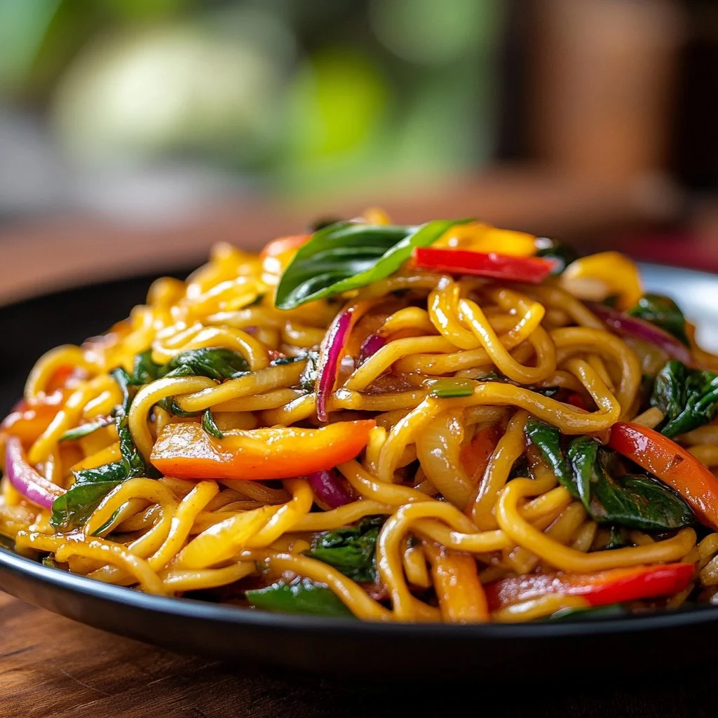 A plate of simple stir-fried noodles garnished with fresh vegetables.