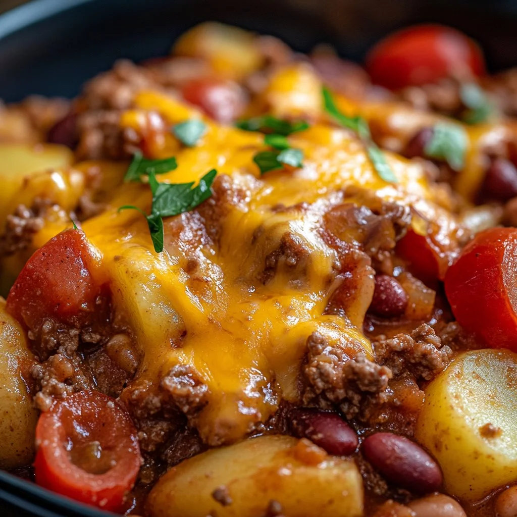Delicious slow cooker cowboy casserole topped with cheese and garnished with herbs