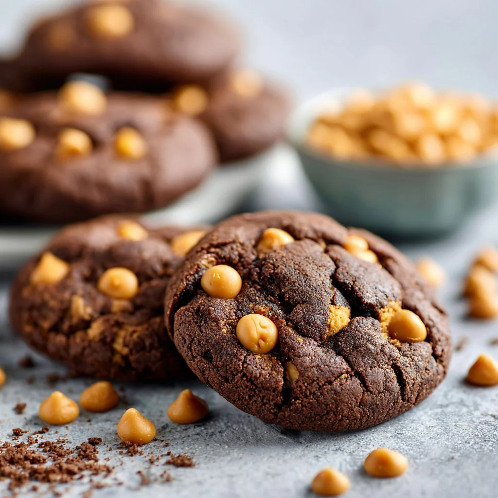Soft fudgy chocolate cookies with butterscotch chips on a plate
