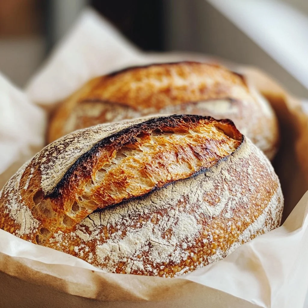 Homemade sourdough bread fresh from the oven, golden crust and soft interior.