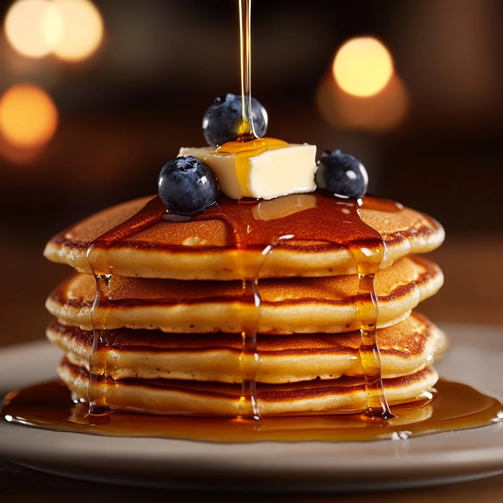 Fluffy sourdough discard pancakes stacked on a plate with syrup