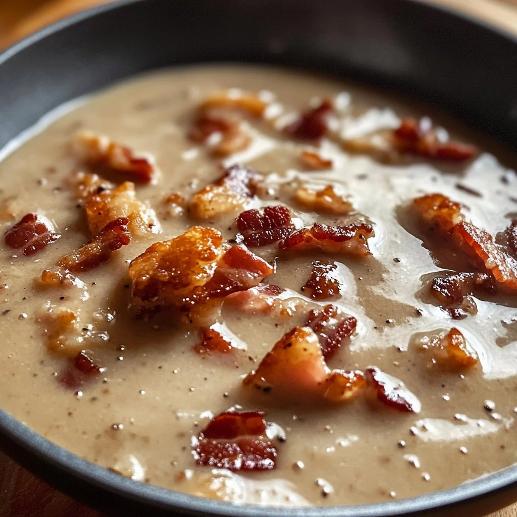 Delicious Southern bacon gravy served over warm biscuits