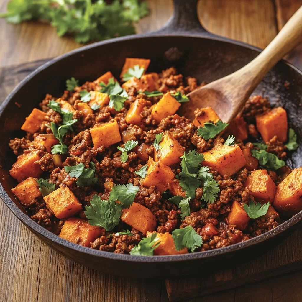 Southwest ground beef and sweet potato skillet dish