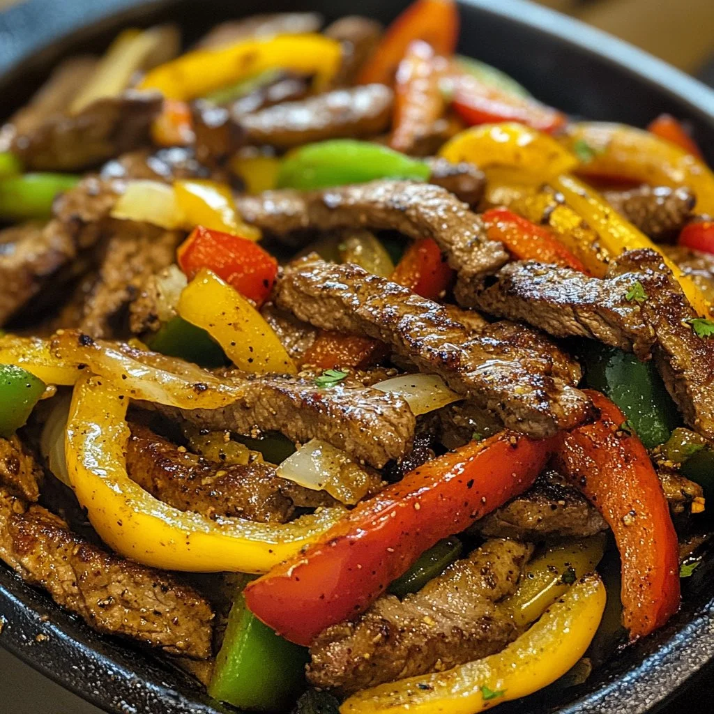 Delicious steak fajitas served with colorful bell peppers and onions on a sizzling plate.