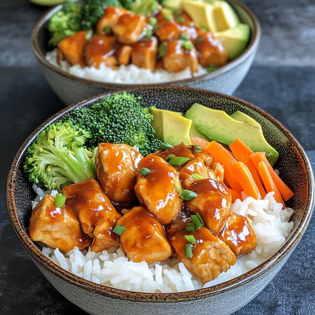 Delicious sticky chicken served over a bed of rice with colorful vegetables.