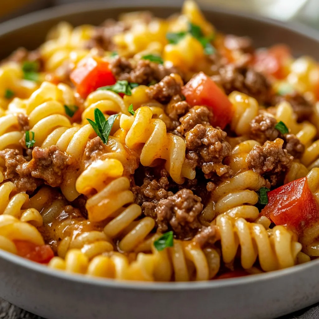 Stovetop creamy ground beef pasta served in a bowl, garnished with herbs.