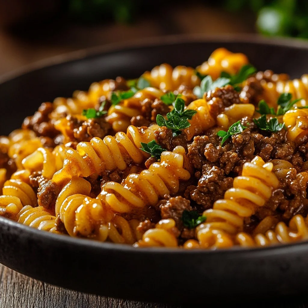 Stovetop creamy ground beef pasta served in a vibrant bowl