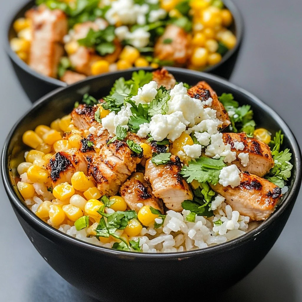 Delicious Street Corn Chicken Rice Bowl topped with fresh ingredients.