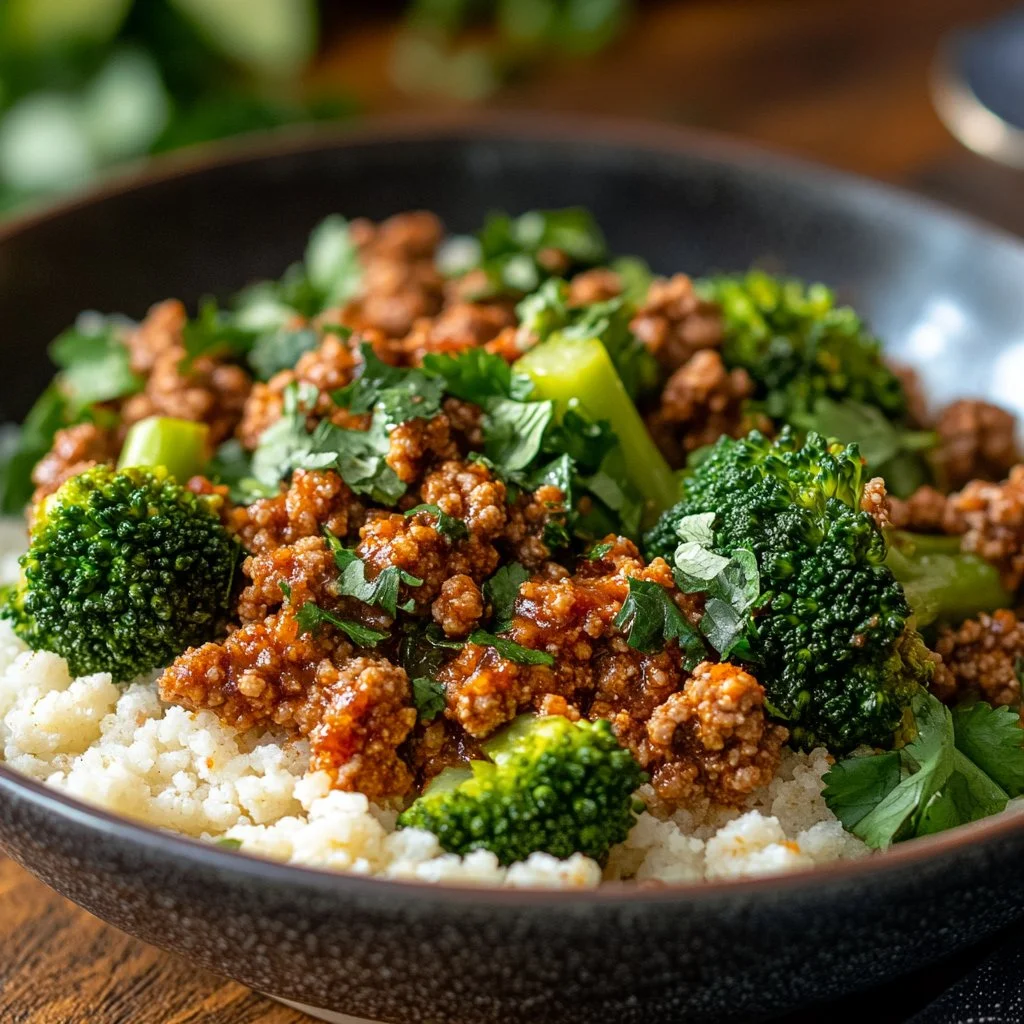 Delicious Sweet and Spicy Ground Turkey & Broccoli Bowl garnished with herbs