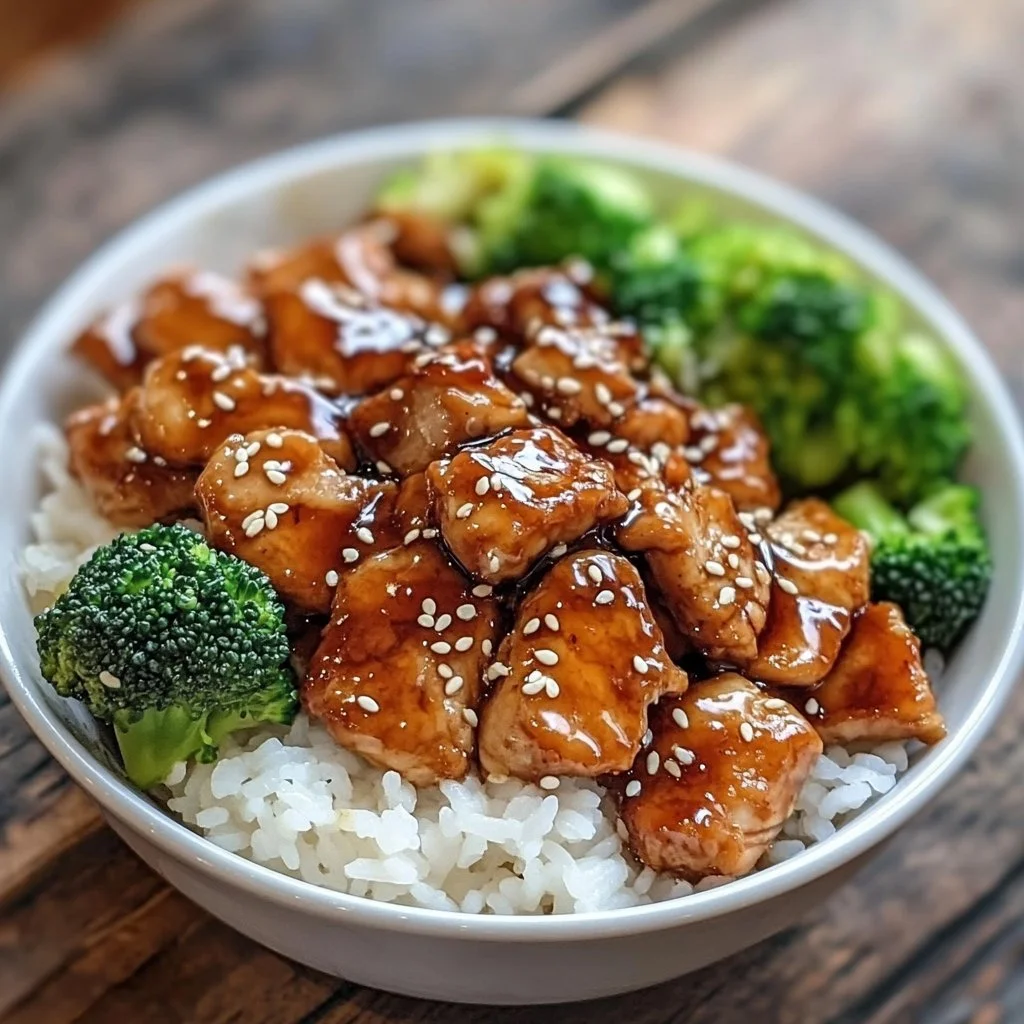Delicious teriyaki chicken rice bowl with vegetables and sauce.