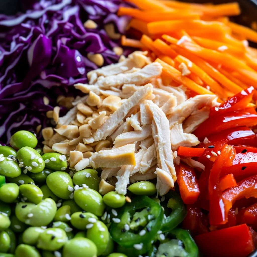 Delicious Thai Peanut Chicken Salad garnished with fresh vegetables and peanuts.