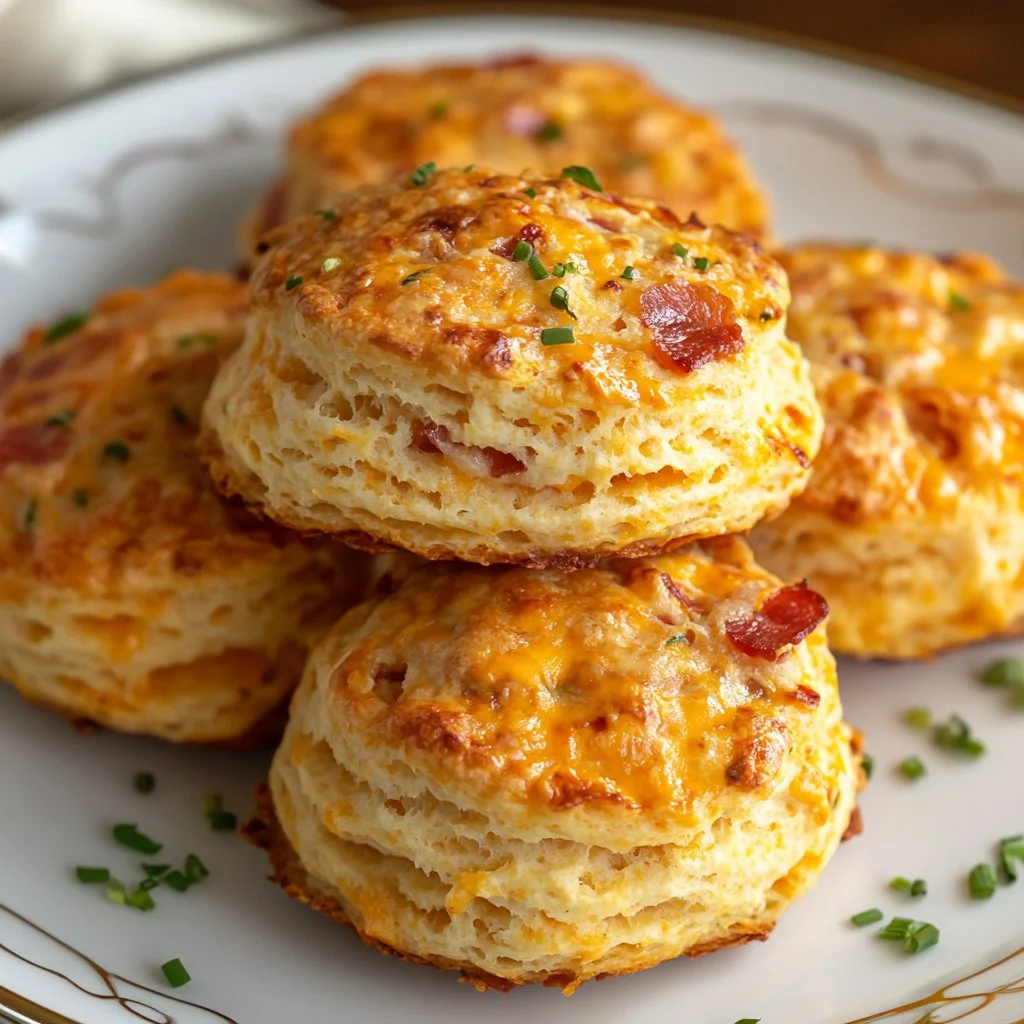 Freshly baked bacon cheddar biscuits on a plate