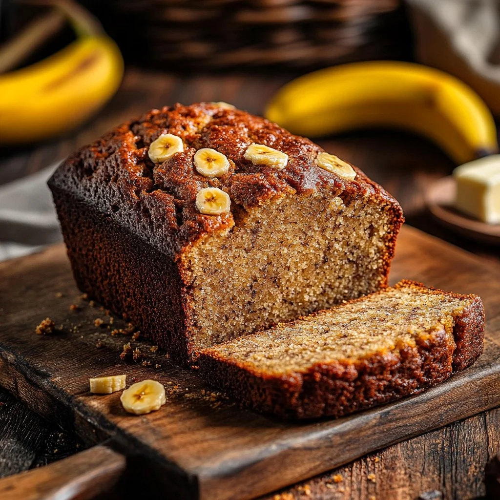 Sliced banana bread on a wooden board with ripe bananas