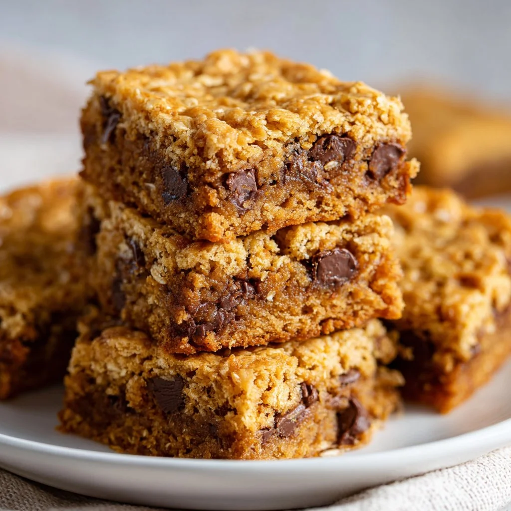 Thick and chewy oatmeal cookie bars with chocolate chips and nuts