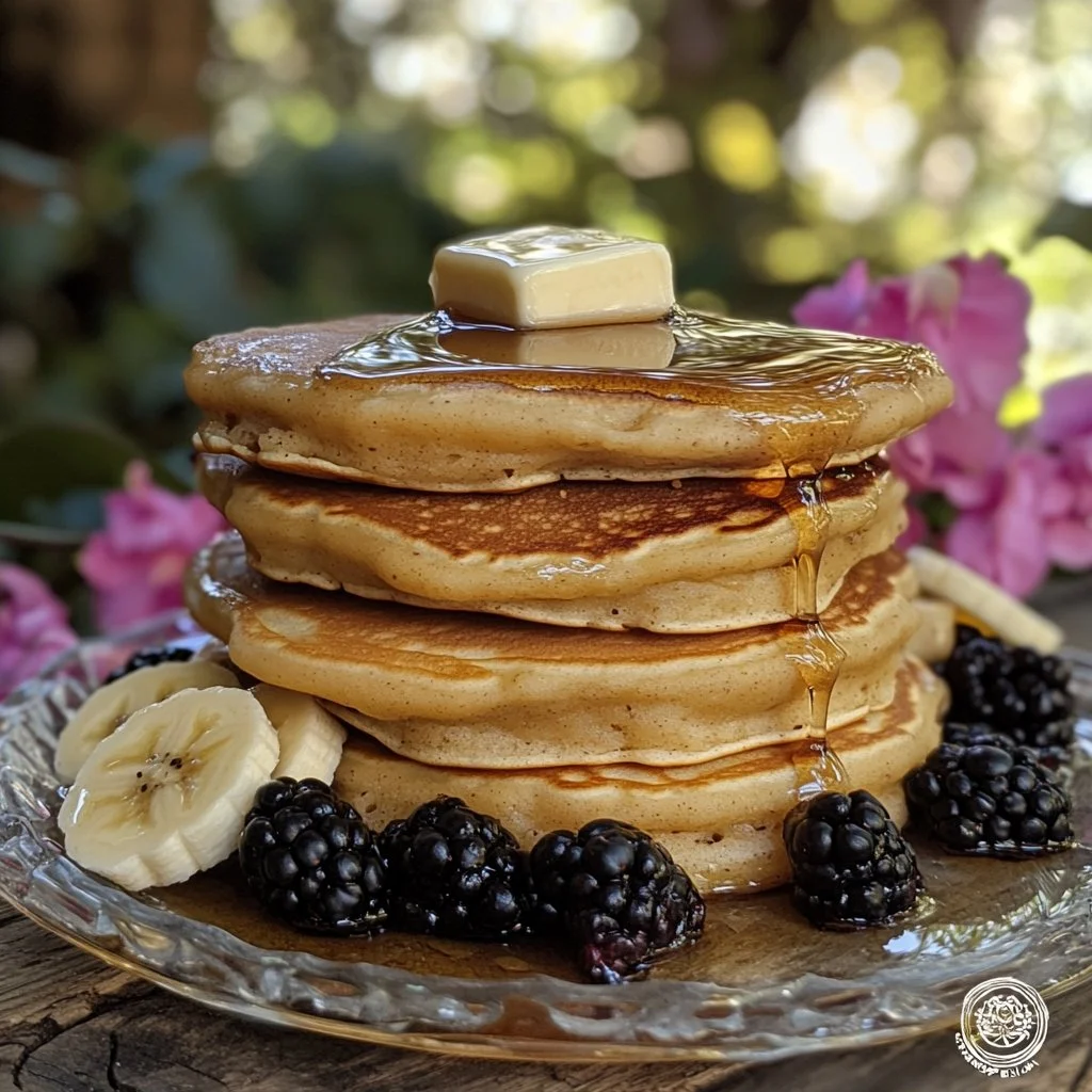 Stack of warm pancakes topped with syrup and berries