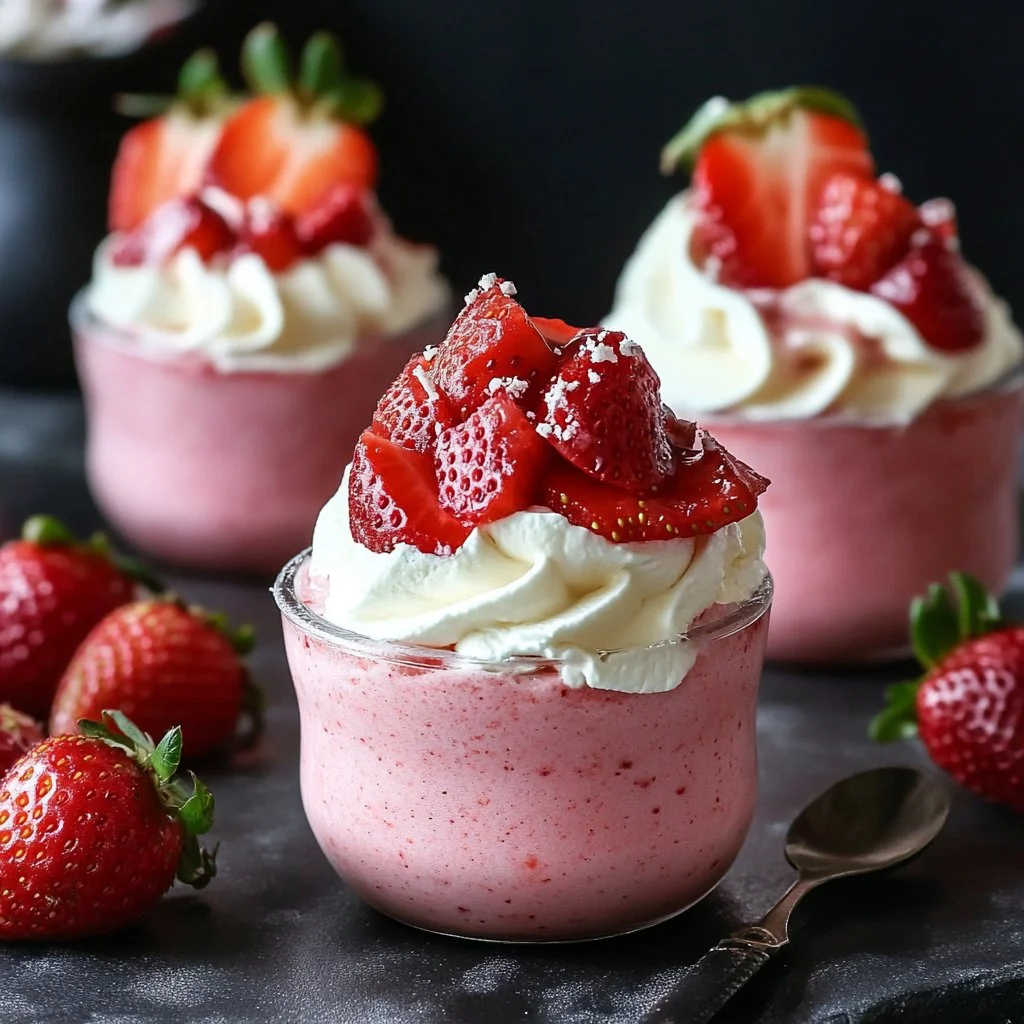 Delicious 3-ingredient strawberry mousse in a glass topped with fresh strawberries