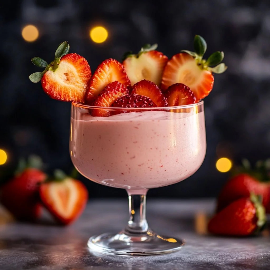 Delicious 3-Ingredient Strawberry Mousse in a glass topped with fresh strawberries