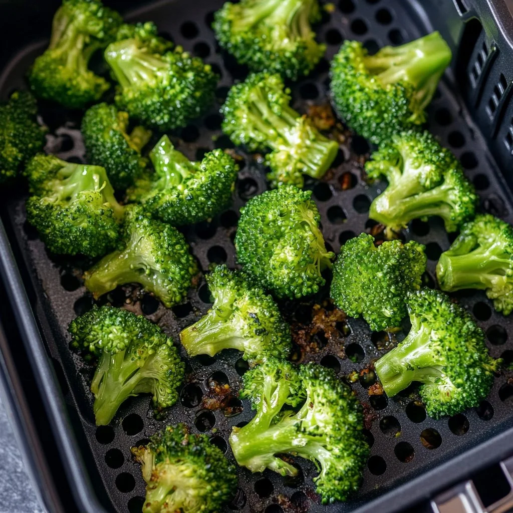 Crispy air fryer broccoli served on a plate with seasoning