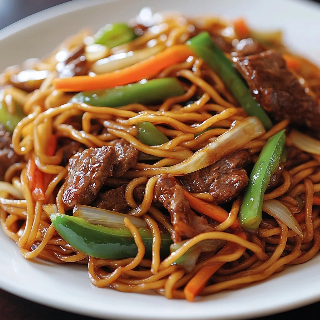 Delicious plate of Authentic Beef Chow Mein with beef, vegetables, and noodles
