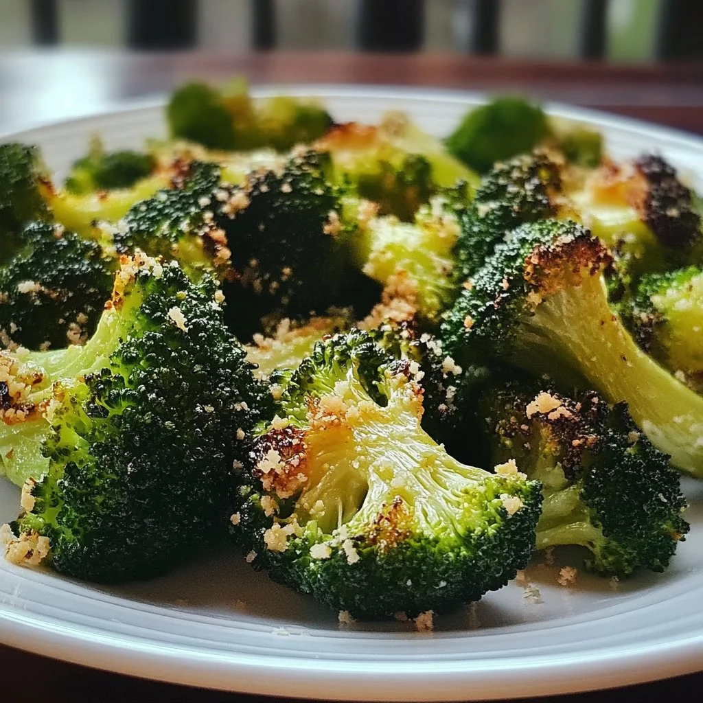 Baked broccoli sprinkled with nutritional yeast in a serving dish