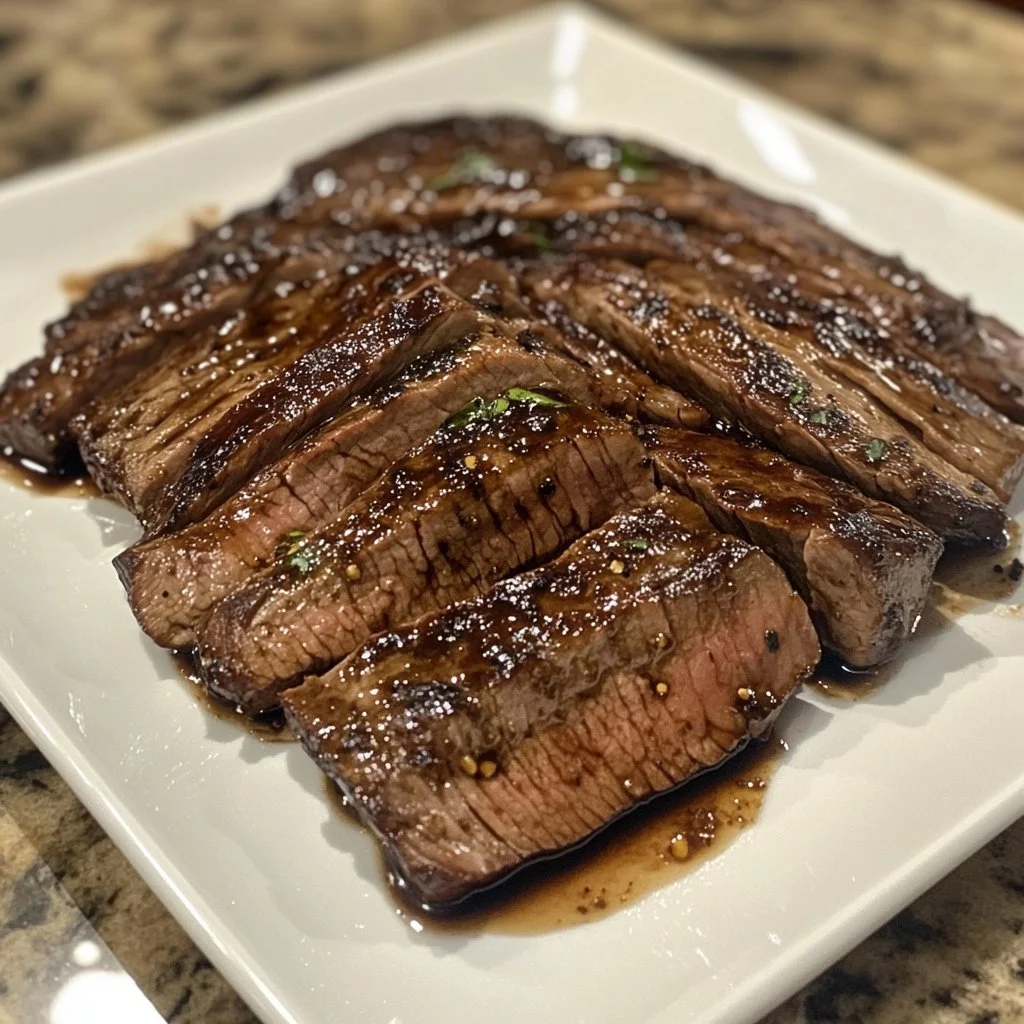 Balsamic flank steak grilled with vegetables on a plate