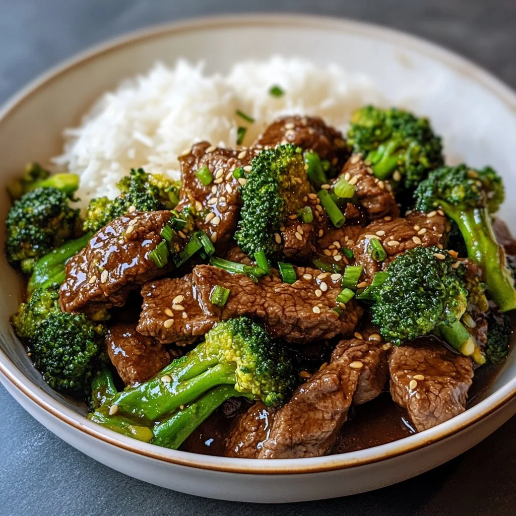Beef and broccoli stir fry served in a bowl with rice and vegetables