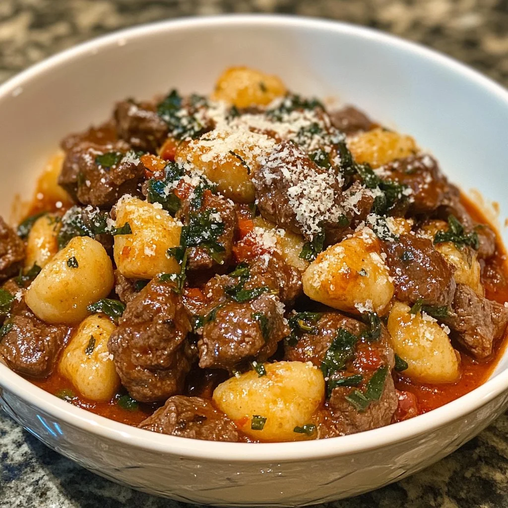 Delicious Beef and Gnocchi dish served with fresh herbs and vegetables