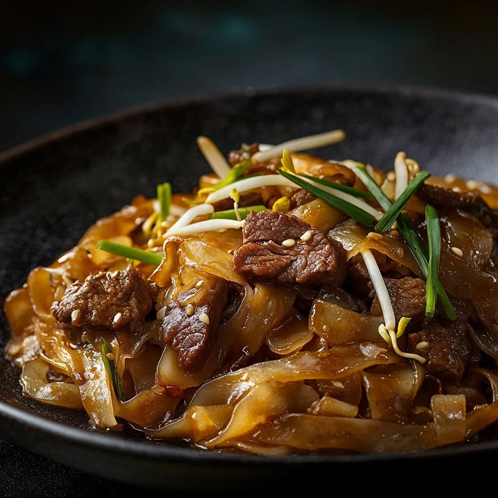 Delicious beef chow fun with tender beef and stir-fried rice noodles
