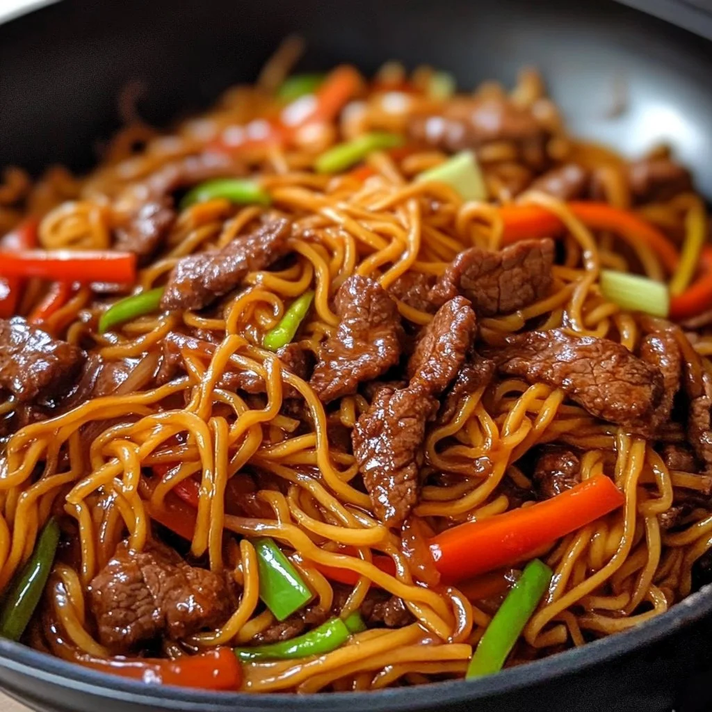 A delicious plate of Beef Lo Mein with tender beef and fresh vegetables