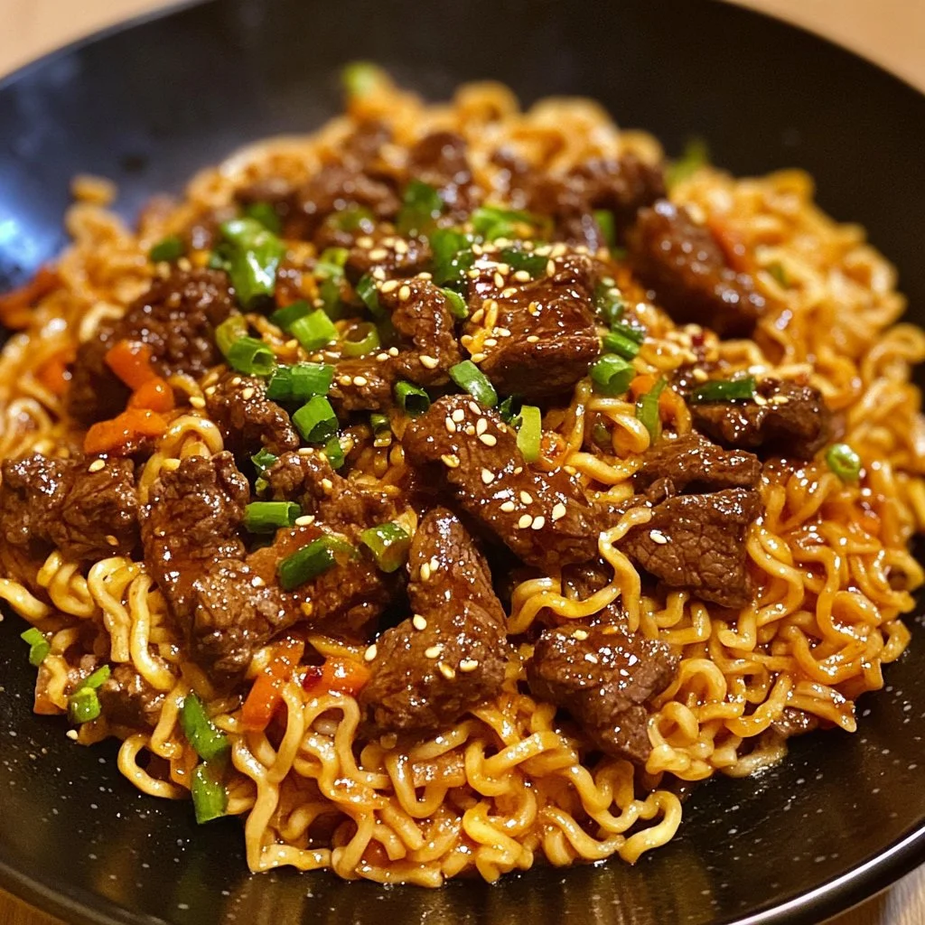 Beef ramen noodles stir fry with tender beef and vibrant veggies