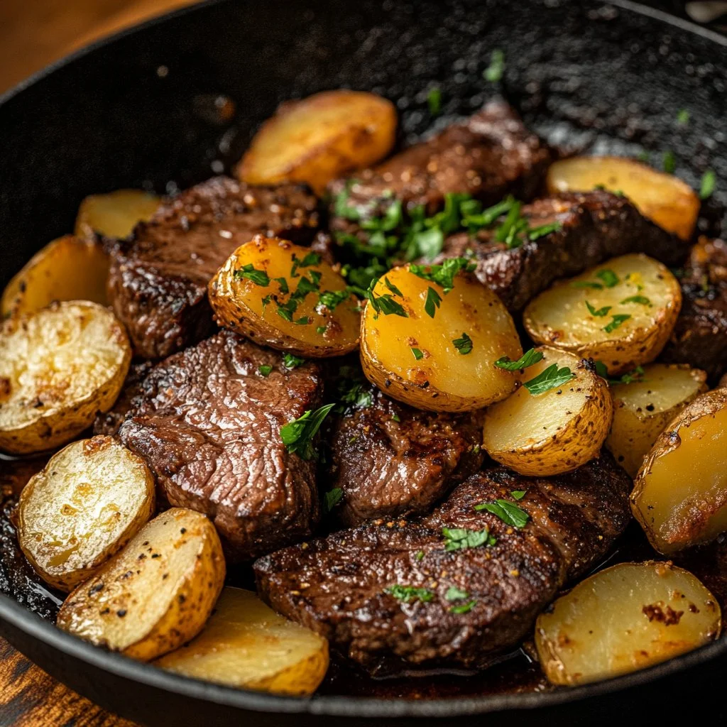 Delicious beef sirloin tip steak with butter garlic potatoes on a plate