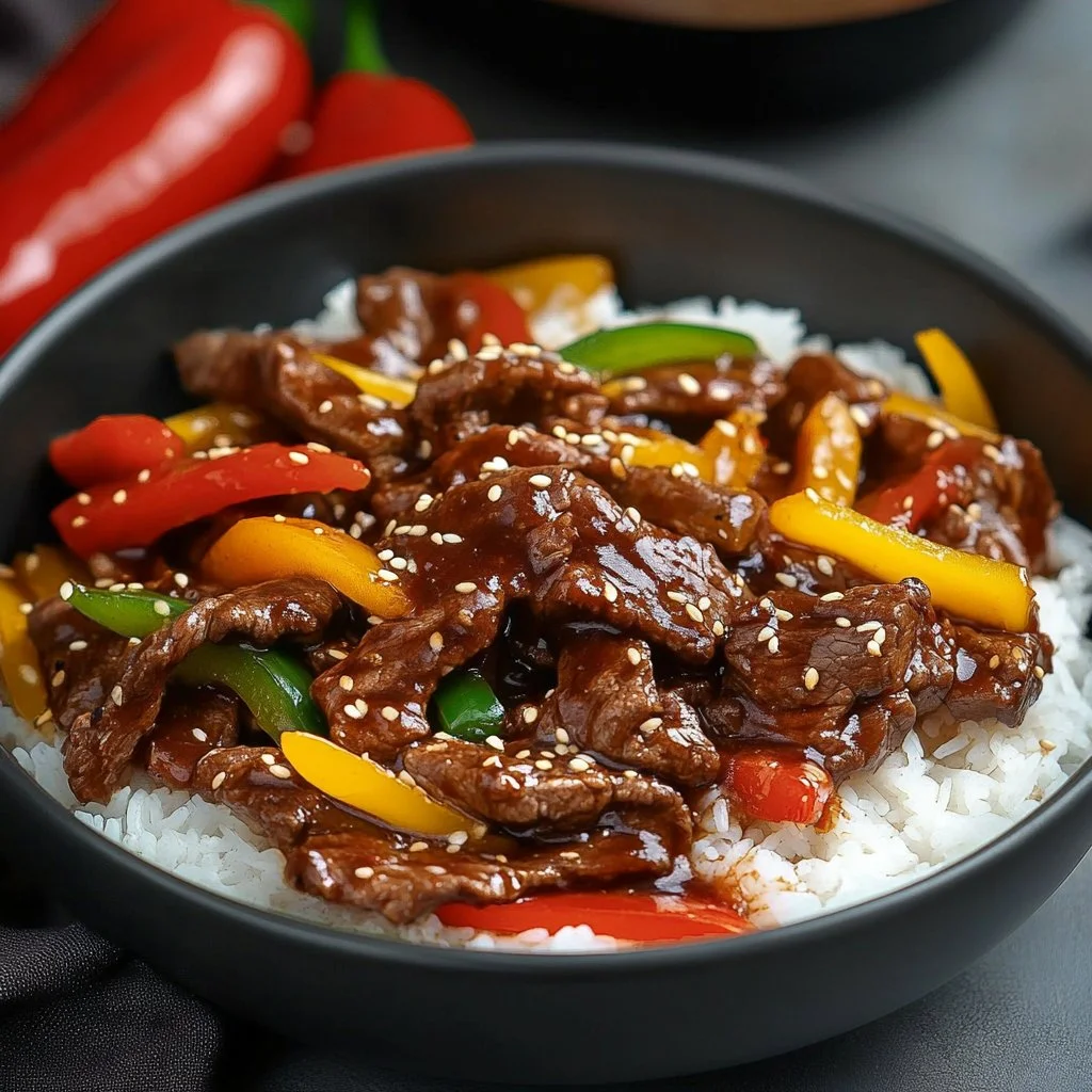 Colorful beef stir fry with fresh vegetables in a skillet