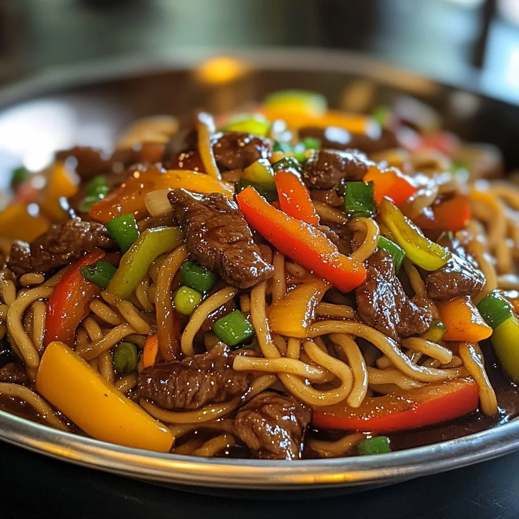 A bowl of delicious beef stir fry noodles topped with fresh vegetables.