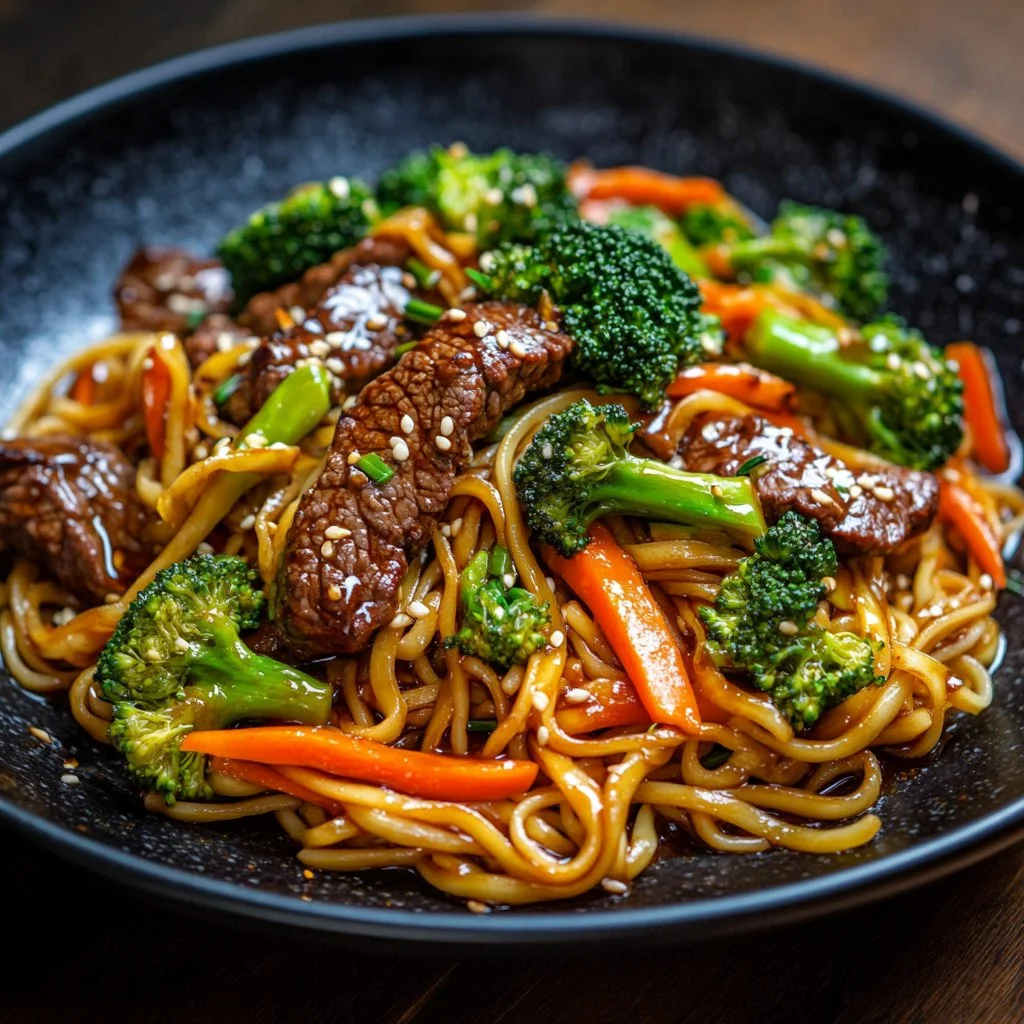 Beef stir fry with linguini served on a plate with colorful vegetables