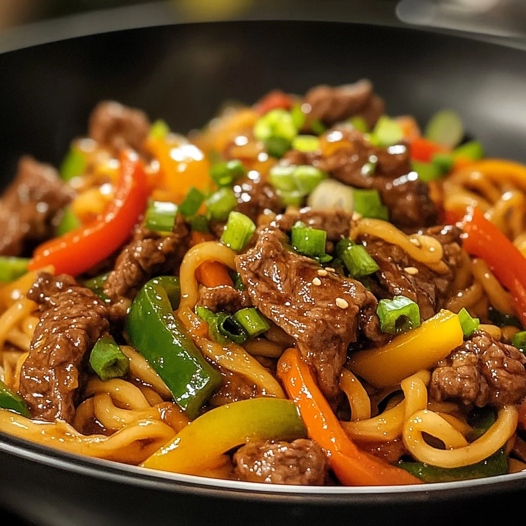 Beef Stir Fry with noodles and sticky sauce served in a bowl