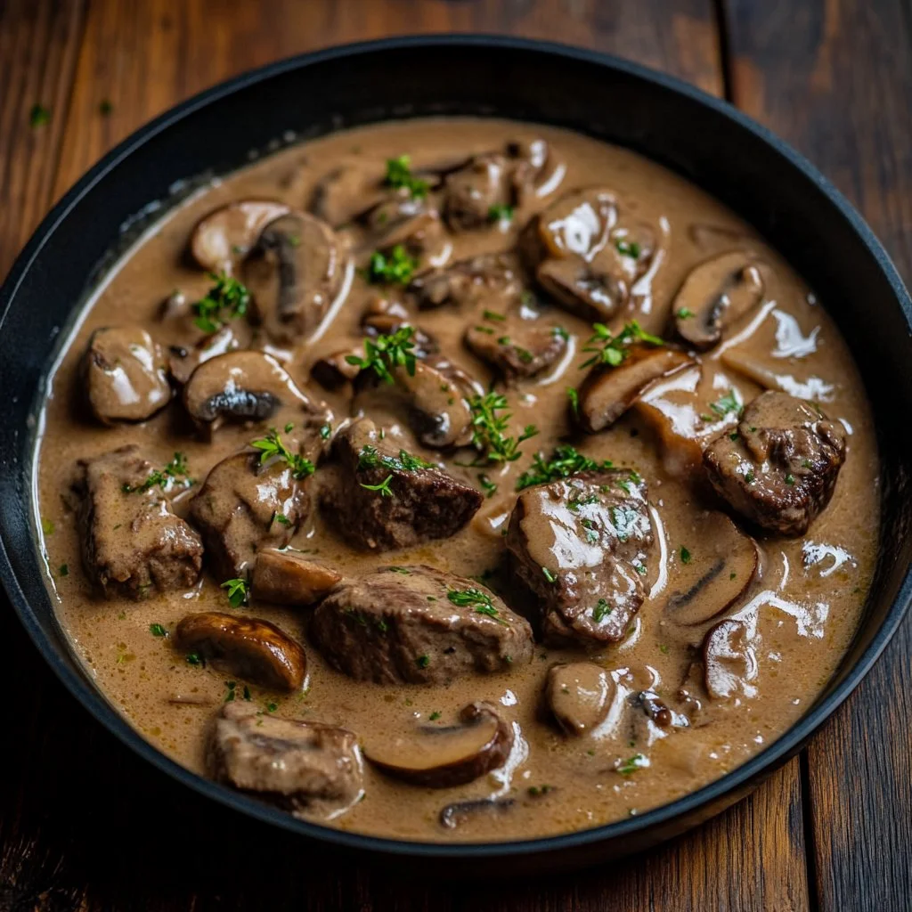 Delicious Beef Stroganoff served over noodles with fresh parsley garnish